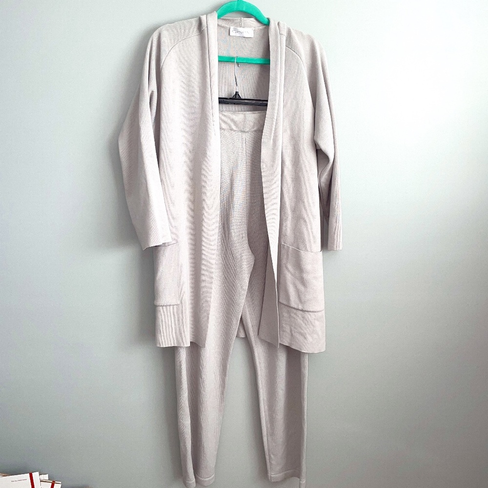 EUC Gispa Merino Wool Blend Knit Set Grey Cardigan & Lounge Pants Size Medium